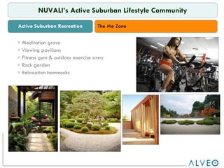 Meditation grove  Viewing pavilions Fitness gym & outdoor exercise area Rock garden Relaxation hammocks Me-Zone Active Suburban Recreation NUVALI’s Active Suburban Lifestyle Community The Me Zone 