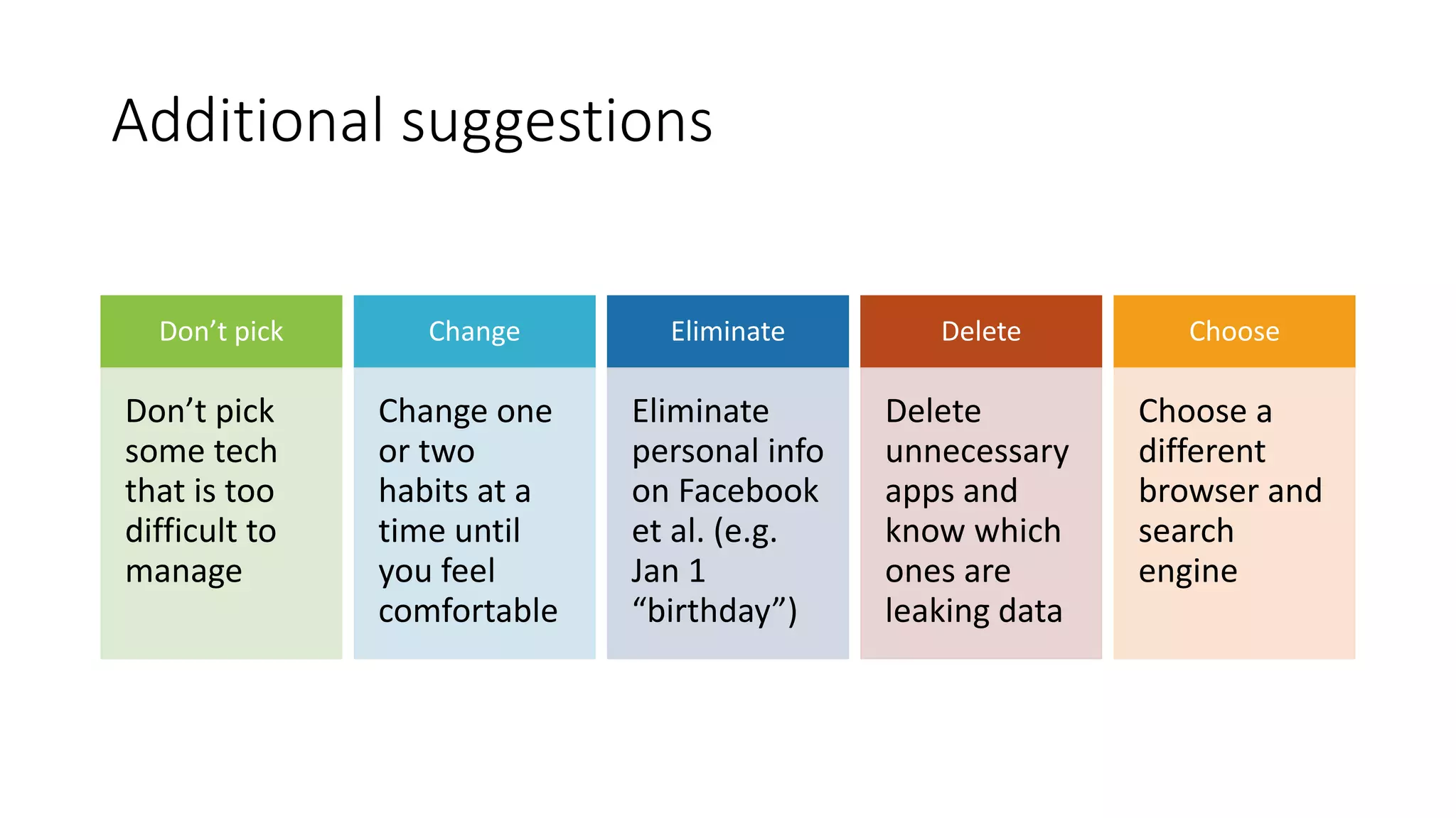 Additional suggestions
Don’t pick
Don’t pick
some tech
that is too
difficult to
manage
Change
Change one
or two
habits at a
time until
you feel
comfortable
Eliminate
Eliminate
personal info
on Facebook
et al. (e.g.
Jan 1
“birthday”)
Delete
Delete
unnecessary
apps and
know which
ones are
leaking data
Choose
Choose a
different
browser and
search
engine