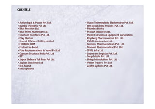 CLIENTELE



• Action Ispat & Power Pvt. Ltd.          • Ocean Thermoplastic Elastometres Pvt. Ltd.
• Barflex Polyfilms Pvt Ltd               • Om Metals Infra Projects Pvt. Ltd.
• Blue Precision Ltd.                     • Pitambra Books
• Blue Prime Aluminium Ltd.               • Prakash Industries Ltd.
• Corrtech Trenchless Pvt. Ltd.           • Plastic Extrusion & Equipment Corporation
• Dixy Chicken                            • Rhydburg Pharmaceutical Pvt. Ltd.
• Eneroil Offshore Drilling Limited       • RVAG Infrastructure Ltd.
• FOREREZ.COM                             • Siemens Pharmaceuticals Pvt. Ltd.
• Fruton Fine Food                        • Siomond Pharmaceutical Pvt. Ltd.
• Fore Representations & Travel Pvt Ltd   • SPML Infra Ltd.
• Gypsum Structural India Pvt. Ltd        • Supertrans Logistics Pvt. Ltd.
• IITT                                    • Surge Media Pvt. Ltd.
• Jaipur Bhilwara Toll Road Pvt Ltd.      • Unisys Infosolutions Pvt. Ltd
• Jupitar Bioscience Ltd                  • Vinesh Traders Pvt .Ltd
• K R Anand                               • Zephyr Systems Pvt. Ltd.
• Micropolypet
 