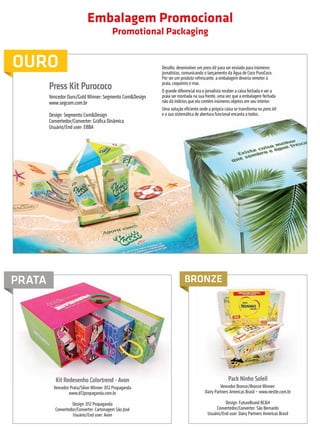 Embalagem Promocional
                                                                    Promotional Packaging


         OURO                                                                     Desafio: desenvolver um press kit para ser enviado para inúmeros
                                                                                  jornalistas, comunicando o lançamento da Água de Coco PuroCoco.
                                                                                  Por ser um produto refrescante, a embalagem deveria remeter à
                                Press Kit Purococo                                praia, coqueiros e mar.
                                                                                  O grande diferencial era o jornalista receber a caixa fechada e ver a
                                Vencedor Ouro/Gold Winner: Segmento Com&Design    praia ser montada na sua frente, uma vez que a embalagem fechada
                                www.segcom.com.br                                 não dá indícios que ela contém inúmeros objetos em seu interior.
                                                                                  Uma solução eficiente onde a própria caixa se transforma no press kit
                                Design: Segmento Com&Design                       e a sua sistemática de abertura funcional encanta a todos.
                                Convertedor/Converter: Gráfica Dinâmica
                                Usuário/End user: EBBA




        PRATA                                                                                  BRONZE




                                    Kit Redesenho Colortrend - Avon                                                       Pack Ninho Soleil
                                   Vencedor Prata/Silver Winner: D12 Propaganda                                     Vencedor Bronze/Bronze Winner:
                                           www.d12propaganda.com.br                                        Dairy Partners Americas Brasil – www.nestle.com.br

                                             Design: D12 Propaganda                                                    Design: FutureBrand BC&H
                                    Convertedor/Converter: Cartonagem São José                                    Convertedor/Converter: São Bernardo
                                             Usuário/End user: Avon                                          Usuário/End user: Dairy Partners Americas Brasil




                                                                                                                  prêmioabredaembalagembrasileira                         19


Revista Vencedores Prêmio ABRE 2012 (vencedores).indd 19                                                                                                        17/09/2012 07:34:38
 