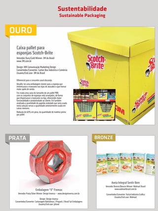 Sustentabilidade
                                                                        Sustainable Packaging


             OURO
                      Caixa pallet para
                      esponjas Scotch-Brite
                      Vencedor Ouro/Gold Winner: 3M do Brasil
                      www.3M.com.br

                      Design: WR Comunicação Marketing Design
                      Convertedor/Converter: Carton Box Indústria e Comércio
                      Usuário/End user: 3M do Brasil

                      Diferencial para o crescente canal atacarejo.
                      Desafio: ter uma embalagem máster para a esponja que
                      minimizasse o manuseio nas lojas de atacados e que tivesse
                      maior apelo de venda.
                      Foi criada uma caixa do tamanho de um pallet PBR,
                      com os conjuntos de esponjas nela arranjados, de forma
                      que dispensasse o manuseio na loja, oferecendo maior
                      funcionalidade e produtividade ao cliente. Foi também
                      analisada a quantidade de papelão ondulado que seria usada
                      nesta solução versus a quantidade anteriormente usada em
                      caixas menores.
                      Redução de 60% em peso, da quantidade de matéria-prima
                      por pallet.




            PRATA                                                                                     BRONZE




                                                                                                               Aveia Integral Sentir Bem
                                                                                                         Vencedor Bronze/Bronze Winner: Walmart Brasil
                                               Embalagem “X” Fremax                                                www.walmartbrasil.com.br
                        Vencedor Prata/Silver Winner: Design Inverso – www.designinverso.com.br          Convertedor/Converter: Tuicial Indústria Gráfica
                                                                                                                  Usuário/End user: Walmart
                                                 Design: Design Inverso
                     Convertedor/Converter: Cartonagem Batistense / Propack / Brasil Sul Embalagens
                                                Usuário/End user: Jofund



     20        prêmioabredaembalagembrasileira


Revista Vencedores Prêmio ABRE 2012 (vencedores).indd 20                                                                                                    17/09/2012 07:34:38
 