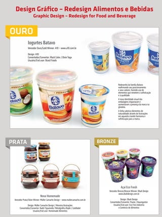 Design Gráfico – Redesign Alimentos e Bebidas
                                           Graphic Design – Redesign for Food and Beverage


             OURO
                                    Iogurtes Batavo
                                    Vencedor Ouro/Gold Winner: A10 – www.a10.com.br

                                    Design: A10
                                    Convertedor/Converter: Mack Color / Dixie Toga
                                    Usuário/End user: Brasil Foods




                                                                                                                Redesenho da família Batavo
                                                                                                                reafirmando seu posicionamento
                                                                                                                e seus valores, fazendo uso de
                                                                                                                elementos que remetem à sofisticação
                                                                                                                e à qualidade.
                                                                                                                A nova identidade visual das
                                                                                                                embalagens impactaram e
                                                                                                                aumentaram a presença da marca na
                                                                                                                gôndola.
                                                                                                                A linha valoriza elementos de
                                                                                                                naturalidade através de ilustrações
                                                                                                                em aquarela criando harmonia e
                                                                                                                sofisticação para a marca.




            PRATA                                                                                   BRONZE




                                                                                                                   Açaí Eco Fresh
                                                                                                       Vencedor Bronze/Bronze Winner: Obah Design
                                                                                                                 www.obahdesign.com.br
                                                    Nova Homemade
                   Vencedor Prata/Silver Winner: Müller Camacho Design – www.mullercamacho.com.br                  Design: Obah Design
                                                                                                        Convertedor/Converter: Pavão / Baumgarten
                                   Design: Müller Camacho Design / Monstro Ilustrações                     Usuário/End user: Eco Fres Indústria
                          Convertedor/Converter: Nadir Figueiredo/ Metalgráfica Rojek / Goldlabel                e Comércio de Alimentos
                                         Usuário/End user: Homemade Alimentos



     30        prêmioabredaembalagembrasileira


Revista Vencedores Prêmio ABRE 2012 (vencedores).indd 30                                                                                               17/09/2012 07:34:47
 