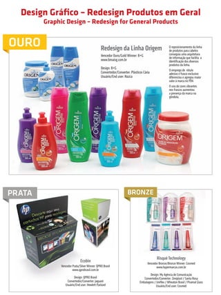 Design Gráfico – Redesign Produtos em Geral
                                         Graphic Design – Redesign for General Products


         OURO                                                                               Redesign da Linha Origem                              O reposicionamento da linha
                                                                                                                                                  de produtos para cabelos
                                                                                            Vencedor Ouro/Gold Winner: B+G                        conseguiu uma arquitetura
                                                                                                                                                  de informação que facilita a
                                                                                            www.bmaisg.com.br                                     identificação dos diversos
                                                                                                                                                  produtos da linha.
                                                                                            Design: B+G                                           O emprego de rótulo
                                                                                            Convertedor/Converter: Plásticos Cária                adesivo e frasco exclusivo
                                                                                            Usuário/End user: Nazca                               diferenciou e agregou maior
                                                                                                                                                  valor à marca no PDV.
                                                                                                                                                  O uso de cores vibrantes
                                                                                                                                                  nos frascos aumentou
                                                                                                                                                  a presença da marca na
                                                                                                                                                  gôndola.




        PRATA                                                                                                   BRONZE




                                                                                                                                        Risqué Technology
                                                                           Ecobin                                               Vencedor Bronze/Bronze Winner: Cosmed
                                                           Vencedor Prata/Silver Winner: QPRO Brasil                                   www.hypermarcas.com.br
                                                                    www.qprobrasil.com.br
                                                                                                                                  Design: My Agência de Comunicação
                                                                     Design: QPRO Brasil                                     Convertedor/Converter: Zeviplast / Santa Rosa
                                                               Convertedor/Converter: Jaguaré                             Embalagens / Uniflex / Wheaton Brasil / Piramal Glass
                                                              Usuário/End user: Hewlett Packard                                        Usuário/End user: Cosmed



                                                                                                                                  prêmioabredaembalagembrasileira                           31


Revista Vencedores Prêmio ABRE 2012 (vencedores).indd 31                                                                                                                          17/09/2012 07:34:48
 