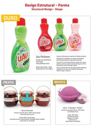 Design Estrutural – Forma
                                                                 Structural Design – Shape


         OURO




                                                                          Uau Perfumes                      Inovação e diferenciação no segmento de limpeza doméstica.
                                                                                                            Diferenciação da embalagem na categoria de limpadores
                                                                          Vencedor Ouro/Gold Winner:        perfumados remetendo ao segmento de perfumaria.
                                                                          Spice Design                      Frasco em PET, com formato retorcido, compõe com a cor do
                                                                          www.spicedesign.com.br            produto e aumenta o apelo visual gerando impacto no PDV e
                                                                                                            aumentando a área de rotulagem e facing.
                                                                          Design: Spice Design / Log3D      Tampa em formato floral em que algumas pétalas projetadas
                                                                          Usuário/End user: Cera Ingleza    externamente em relevo com acabamento texturizado
                                                                                                            facilitam a pega e a abertura.




        PRATA                                                                                              BRONZE




                                                                                                                        Kukla - Embalagem “Kuklies”
                                               Nova Homemade                                                         Vencedor Bronze/Bronze Winner: 100% Design
                                                                                                                                 www.100porcento.net
                               Vencedor Prata/Silver Winner: Müller Camacho Design
                                           www.mullercamacho.com.br                                                              Design: 100% Design
                                                                                                                                Convertedor/Converter:
                                         Design: Müller Camacho Design                                                          Biopolpa / Pim Gráfica
                      Convertedor/Converter: Nadir Figueiredo/ Metalgráfica Rojek /Goldlabel                                      Usuário/End user:
                                         Usuário/End user: Homemade                                                          Kukla Cookies & Cakes Details




                                                                                                                         prêmioabredaembalagembrasileira                           33


Revista Vencedores Prêmio ABRE 2012 (vencedores).indd 33                                                                                                                 17/09/2012 07:34:49
 