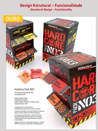 Design Estrutural – Funcionalidade
                                                            Structural Design – Functionality


             OURO




                               Hardcore Pack NO3
                               Vencedor Ouro/Gold Winner: ADS
                               www.adslab.com.br

                               Design: Renato Canton
                               Convertedor/Converter:
                               Gráfica Cosgraf / Plastrela / Company Facas
                               Usuário/End user: ADS
                               Embalagem funcional com estrutura
                               compartimentada que facilita e orienta o consumo.
                               O conjunto é formado por uma caixa máster com aberturas
                               laterais e quatro cartuchos em formato de gaveta.
                               As cápsulas, que correspondem a cada fase do treino,
                               são acondicionadas conforme a dose a ser consumida
                               em flow pack ou blisters e disponibilizadas nas gavetas
                               correspondentes.
                               Impresso em 6x0 cor e acabamentos especiais: laminação
                               BOPP, UV texturizado, UV localizado, hotstamping prata.



                                                                                         Nessa categoria foi conferido somente o Prêmio para o Vencedor Ouro.

     34        prêmioabredaembalagembrasileira


Revista Vencedores Prêmio ABRE 2012 (vencedores).indd 34                                                                                           17/09/2012 07:34:50
 