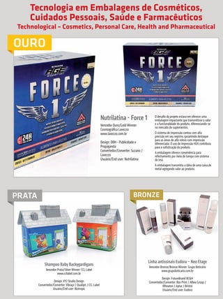 Tecnologia em Embalagens de Cosméticos,
                            Cuidados Pessoais, Saúde e Farmacêuticos
                 Technological – Cosmetics, Personal Care, Health and Pharmaceutical

             OURO




                                                                                            Nutrilatina - Force 1                 O desafio do projeto estava em oferecer uma
                                                                                                                                  embalagem impactante que transmitisse o valor
                                                                                            Vencedor Ouro/Gold Winner:            e a funcionalidade do produto, diferenciando-se
                                                                                                                                  no mercado de suplementos.
                                                                                            Cosmográfica Lavezzo
                                                                                            www.lavezzo.com.br                    O sistema de impressão contou com alta
                                                                                                                                  precisão em seu registro, garantindo destaque
                                                                                                                                  para as áreas de alto relevo com impressão
                                                                                            Design: DBH - Publicidade e           diferenciada. O uso de impressão HUV contribuiu
                                                                                            Propaganda                            para a sofisticação do produto.
                                                                                            Convertedor/Converter: Suzano /       A embalagem oferece conveniência para
                                                                                            Lavezzo                               refechamento por meio de tampa com sistema
                                                                                            Usuário/End user: Nutrilatina         de imã.
                                                                                                                                  A embalagem transmitiu a ideia de uma caixa de
                                                                                                                                  metal agregando valor ao produto.




            PRATA                                                                                                   BRONZE




                                                                                                                              Linha antissinais Eudora – Neo Etage
                                          Shampoo Baby Backygardigans                                                         Vencedor Bronze/Bronze Winner: Grupo Boticário
                                           Vencedor Prata/Silver Winner: CCL Label                                                      www.grupoboticario.com.br
                                                    www.ccllabel.com.br
                                                                                                                                        Design: FutureBrand BC&H
                                                 Design: VY2 Studio Design                                                    Convertedor/Converter: Box Print / Albea Group /
                                    Convertedor/Converter: Vibraço / Qualijet / CCL Label                                                Wheaton / Aptar / Bristol
                                                Usuário/End user: Biotropic                                                              Usuário/End user: Eudora



     38        prêmioabredaembalagembrasileira


Revista Vencedores Prêmio ABRE 2012 (vencedores).indd 38                                                                                                                         17/09/2012 07:34:53
 
