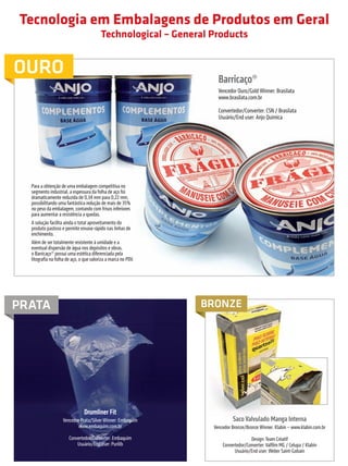 Tecnologia em Embalagens de Produtos em Geral
                                                           Technological – General Products


         OURO                                                                        Barricaço®
                                                                                     Vencedor Ouro/Gold Winner: Brasilata
                                                                                     www.brasilata.com.br

                                                                                     Convertedor/Converter: CSN / Brasilata
                                                                                     Usuário/End user: Anjo Química




                   Para a obtenção de uma embalagem competitiva no
                   segmento industrial, a espessura da folha de aço foi
                   dramaticamente reduzida de 0,34 mm para 0,22 mm,
                   possibilitando uma fantástica redução de mais de 35%
                   no peso da embalagem, contando com frisos inferiores
                   para aumentar a resistência a quedas.
                   A solução facilita ainda o total aproveitamento do
                   produto pastoso e permite envase rápido nas linhas de
                   enchimento.
                   Além de ser totalmente resistente à umidade e a
                   eventual dispersão de água nos depósitos e obras,
                   o Barricaço® possui uma estética diferenciada pela
                   litografia na folha de aço, o que valoriza a marca no PDV.




        PRATA                                                                   BRONZE




                                                  Drumliner Fit
                                      Vencedor Prata/Silver Winner: Embaquim                Saco Valvulado Manga Interna
                                              www.embaquim.com.br                  Vencedor Bronze/Bronze Winner: Klabin – www.klabin.com.br
                                         Convertedor/Converter: Embaquim                             Design: Team Créatif
                                             Usuário/End user: Purilib                 Convertedor/Converter: Valfilm MG / Celupa / Klabin
                                                                                             Usuário/End user: Weber Saint-Gobain



                                                                                             prêmioabredaembalagembrasileira                           39


Revista Vencedores Prêmio ABRE 2012 (vencedores).indd 39                                                                                     17/09/2012 07:43:34
 