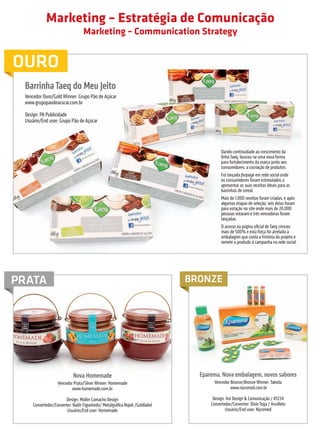 Marketing – Estratégia de Comunicação
                                                      Marketing – Communication Strategy


         OURO
                 Barrinha Taeq do Meu Jeito
                 Vencedor Ouro/Gold Winner: Grupo Pão de Açúcar
                 www.grupopaodeacucar.com.br

                 Design: PA Publicidade
                 Usuário/End user: Grupo Pão de Açúcar




                                                                                                           Dando continuidade ao crescimento da
                                                                                                           linha Taeq, buscou-se uma nova forma
                                                                                                           para fortalecimento da marca junto aos
                                                                                                           consumidores: a cocriação de produtos.
                                                                                                           Foi lançada fanpage em rede social onde
                                                                                                           os consumidores foram estimulados a
                                                                                                           apresentar as suas receitas ideais para as
                                                                                                           barrinhas de cereal.
                                                                                                           Mais de 1.000 receitas foram criadas, e após
                                                                                                           algumas etapas de seleção, seis delas foram
                                                                                                           para votação no site onde mais de 20.000
                                                                                                           pessoas votaram e três vencedoras foram
                                                                                                           lançadas.
                                                                                                           O acesso na página oficial de Taeq cresceu
                                                                                                           mais de 500% e esta força foi atrelada à
                                                                                                           embalagem que conta a história do projeto e
                                                                                                           remete o produdo à campanha na rede social.




        PRATA                                                                                  BRONZE




                                               Nova Homemade                                     Eparema. Nova embalagem, novos sabores
                                      Vencedor Prata/Silver Winner: Homemade                           Vencedor Bronze/Bronze Winner: Takeda
                                              www.homemade.com.br                                               www.nycomed.com.br

                                         Design: Müller Camacho Design                                Design: Ast Design & Comunicação / R1234
                      Convertedor/Converter: Nadir Figueiredo/ Metalgráfica Rojek /Goldlabel         Convertedor/Converter: Dixie Toga / Arrulleto
                                         Usuário/End user: Homemade                                          Usuário/End user: Nycomed




                                                                                                        prêmioabredaembalagembrasileira                             41


Revista Vencedores Prêmio ABRE 2012 (vencedores).indd 41                                                                                                  17/09/2012 11:31:22
 