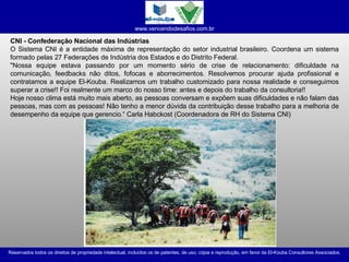 CNI - Confederação Nacional das Indústrias O Sistema CNI é a entidade máxima de representação do setor industrial brasileiro. Coordena um sistema formado pelas 27 Federações de Indústria dos Estados e do Distrito Federal.  "Nossa equipe estava passando por um momento sério de crise de relacionamento: dificuldade na comunicação, feedbacks não ditos, fofocas e aborrecimentos. Resolvemos procurar ajuda profissional e contratamos a equipe El-Kouba. Realizamos um trabalho customizado para nossa realidade e conseguimos superar a crise!! Foi realmente um marco do nosso time: antes e depois do trabalho da consultoria!! Hoje nosso clima está muito mais aberto, as pessoas conversam e expõem suas dificuldades e não falam das pessoas, mas com as pessoas! Não tenho a menor dúvida da contribuição desse trabalho para a melhoria de desempenho da equipe que gerencio.“ Carla Habckost (Coordenadora de RH do Sistema CNI) 