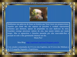 Meditemos nas palavras de Jesus na história que Neio Lúcio nos proporcionou.
Aqueles que ainda não são capazes de perceber a verdade representam
sementes que dormem, apesar de projetadas no seio dadivoso da terra.
Guardam consigo preciosos valores do céu, mas jazem inúteis por muito
tempo. Mas os aguaceiros e furacões passarão por elas renovando-lhes a
posição no solo e elas germinarão intensas um dia.
Muita Paz!
Meu Blog: http://espiritual-espiritual.blogspot.com.br
Com estudos comentados de O Livro dos Espíritos, de O Livro dos Médiuns e
de O Evangelho Segundo o Espiritismo.
 