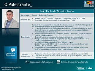 Vice Presidência de Engenharia
Telefonica Brasil S.A.
O Palestrante_
João Paulo de Oliveira Prado
Cargo Atual Gerente - Gerência de Processos
Qualificações
• MBA em Gestão e Estratégia Empresarial - Universidade Estácio de Sá - 2013
• Engenharia Elétrica - Universidade de Mogi das Cruzes - 2003
Experiência
Com mais de 17 anos atuando no mercado de telecomunicações, João Paulo foi responsável
por diversos projetos dentro do grupo Telefonica, destacando:
• Criação do Programa de Transformação da Gestão por Processos da Diretoria de Redes;
• Desenvolvimento de projetos de eficiência operacional, com savings de R$ 56MM +
aumento da capacidade produtiva;
• Prêmio de Inovação - Programa Empreenda Telefonica|Vivo com a criação de um novo
canal p/ captação de sites;
• Desenvolvimento de projetos de benchmarking (Nacional e Internacional);
• Atuação em diversos projetos de integração, com destaque para Telefonica + Vivo
(2012) e Telefonica + GVT (2015);
• Integração dos Backbones da Rede IP da Telefonica + Vivo;
• Gestão financeira (R$ 580MM) e de recursos (humanos/materiais) da Diretoria de
Backbone IP e TX Nacional - 2012;
• Projeto de consultoria para gestão de riscos em diversas operadoras do grupo na
América Latina (Brasil, Argentina, Chile, Peru e Colômbia).
Vivência
Internacional
• Realização de benchmarking com a O2 Alemanha na cidade de Munique em 2014;
• Consultoria de gestão de riscos para as operações do grupo na Argentina, Chile, Peru e
Colômbia em 2009
joao.prado@telefonica.com br.linkedin.com/in/jpauloprado
 