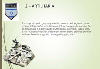 2 – ARTILHARIA.


É composto pelo grupo que utiliza armas de longo alcance,
como: Intercessão, combate espiritual em grande escala, Fé
sobrenatural e palavras de autoridade. Exemplo: Elizeu (2 Rs
6.18) “Quando os sírios desceram a ele, Eliseu orou ao Senhor,
e disse: Fere de cegueira esta gente, peço-te.
 