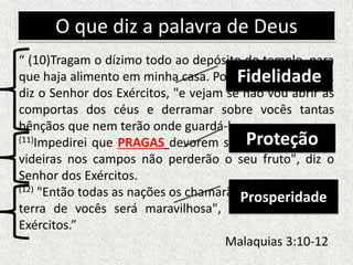 O que diz a palavra de Deus
“ (10)Tragam o dízimo todo ao depósito do templo, para
que haja alimento em minha casa. Ponham-me à prova",
diz o Senhor dos Exércitos, "e vejam se não vou abrir as
comportas dos céus e derramar sobre vocês tantas
bênçãos que nem terão onde guardá-las.
(11)Impedirei que PRAGAS devorem suas colheitas, e as
videiras nos campos não perderão o seu fruto", diz o
Senhor dos Exércitos.
(12) "Então todas as nações os chamarão felizes, porque a
terra de vocês será maravilhosa", diz o Senhor dos
Exércitos.”
Malaquias 3:10-12
Fidelidade
Proteção
Prosperidade
 