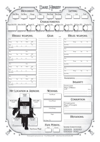 Movement
                                  Movement                                                                                                                                        Lifting
                                                                                                                                                                                  Lifting
             Half Move             Full Move                       Charge                       Run                   Base Leap             Base Jump                          Carry                     Lift                Push
                      2                    4                           6                        12                          2                    40                         18kg                      36kg                   72kg
                    (AB x 1)             (AB x2)                     (AB x 3)                  (AB x 6)                 (SB x 1 m)            (SB x 20 cm)

                                                                                                    Characteristics
                                                                                                    Characteristics
Weapon Skill (WS) Ballistic Skill (BS)                      Strength (S)                  Toughness (T)               Agility (Ag)           Intelligence (Int)           Perception (Per)            Will Power (WP)          Fellowship (Fel)

          30                      43                        2 2                             2 4                       2 9                        3 2                           3 0                       3 1                      4 4
            Adv. taken               Adv. taken                        Adv. taken                    Adv. taken               Adv. taken                 Adv. taken                    Adv. taken               Adv. taken                  Adv. taken



          Missileweapons
          Missile weapons
                                                                                              Quilted Vest
                                                                                                                    Gear
                                                                                                                    Gear
                                                                                              ....................................................
                                                                                                                                                      weight
                                                                                                                                                     .........
                                                                                                                                                       2.0
                                                                                                                                                                                  Melee weapons
                                                                                                                                                                                  Melee weapons
  Name                                             Class                                                                                                               Name
          Jerry - Hand Cannon                              Pistol                             ....................................................
                                                                                              Loaded Dice (2) (mommento)                             .........                 Brass Knuckles
  Damage                  Type     Pen             Reload              ROF                    ....................................................
                                                                                              Spent Bullet Casing (Charm)                            .........         Class                        Damage           Type             Pen
          1d10+4                           2            2Full 1 / - / -                       ....................................................
                                                                                              Street Ware (Poor Quality)                             .........              Melee                        1d5-1                                  0
  Range                                                                Clip                                                                                            Special Rules
  PB       /S 35m /M               /L              /E                           5             ....................................................
                                                                                              Lho-sticks                                             .........                 Primative
  Special Rules                                                                               ....................................................   .........         Name
          Red dot laser sight +10BS for single shot
                                                                                              ....................................................   .........                 Knife
  Name                                             Class                                      ....................................................   .........         Class                        Damage           Type             Pen
          Frag Grenades (5)                                Thrown                                                                                                           Mele/thro                    1d5 R                                  0
  Damage                  Type     Pen             Reload              ROF                    ....................................................   .........         Special Rules
          2d10 X                           0            N/A 1 / /                             ....................................................   .........                 Primative
  Range                                                                Clip                   ....................................................   .........
  PB       /S            /M        /L              /E                                                                                                                  Name
  Special Rules                                                                               ....................................................   .........
          Blast (4)                                                                           ....................................................   .........         Class                        Damage           Type             Pen

  Name                                             Class                                      ....................................................   .........         Special Rules
                                                                                              ....................................................   .........
  Damage                  Type     Pen             Reload              ROF
                                                                    1/ /
                                                                                              ....................................................   .........         Name
  Range                                                                Clip                   ....................................................   .........
  PB       /S            /M        /L              /E                                         ....................................................   .........         Class                        Damage           Type             Pen
  Special Rules
                                                                                              ....................................................   .........         Special Rules
                                                                                              ....................................................   .........
  Name                                             Class
                                                                                              ....................................................   .........
  Damage                  Type     Pen             Reload              ROF                    ....................................................   .........         Handedness: ........................................
                                                                                                                                                                                   Right
                                                                    1/ /                      ....................................................   .........
  Range
  PB       /S
  Special Rules
                         /M        /L              /E
                                                                       Clip
                                                                                              ....................................................
                                                                                              ....................................................
                                                                                                                                                     .........
                                                                                                                                                     .........
                                                                                                                                                                                                Insanity
                                                                                                                                                                                                Insanity
                                                                                              ....................................................   .........         Insanity points   2
                                                                                                                                                                       Degree of Madness
                                                                                                                                                                       Disorder                                                             Severity

  Hit Location & Armour
  Hit            Armour                                                                                             Wounds
                                                                                                                    Wounds                                             ................................................................ ........
                                                                                                                                                                       Flashbacks
                                                                                                                                                                       ................................................................ ........
                                          HEAD                                                                              Total Wounds                               ................................................................ ........
                                           (1-10)
                                                                                                                                13
    RIGHT ARM
           (11-20)
                                  Type                                        LEFT ARM
                                                                                 (21-30)
                                                                                                                           Current Wounds
                                                                                                                                                                                           Corruption
                                                                                                                                                                                           Corruption
                                     Upper Body                                                                                                                        Corruption points    4
                                       31-50                                                                                                                           Degree of Corruption
   Type                                                                 Type                                                                                           Malignancies
                                          BODY
                           Left           (31-70)                  Right                                                   Critical Damage                             ...........................................................................
                          31-50
                                            2                      51-70                                                                                               ...........................................................................
                                  Type
                                                                                                                                                                       ...........................................................................
                                                                                                                                Fatigue
                                         Lower Body

                  RIGHT LEG
                                           51-70
                                                               LEFT LEG
                                                                                                                                                                                        Mutations
                                                                                                                                                                                        Mutations
                      (71-85)                                       (86-100)                                Max. Fatigue = TB                                         ..............................................................................
                                                                                                                                                                      .............................................................................
                                                                                                                                                                      ............................................................................
             Type                                           Type
                                                                                                             Fate Points
                                                                                                             Fate Points
                                                                                                                     Total                 Current                    Sound Constitution
                                                               Total Armour Weight
                                                                    2 Kg
                                                                   ....................................
                                                                                                                       2                     2

                                                        Permission granted to copy for personal use only · © Games Workshop Ltd 2008. · Unofﬁcial Character Sheet by Bo Hasle Buur 2008
 