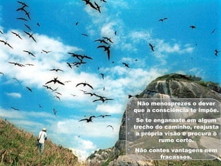 Não menosprezes o dever que a consciência te impõe. Se te enganaste em algum trecho do caminho, reajusta a própria visão e procura o rumo certo. Não contes vantagens nem fracassos. 