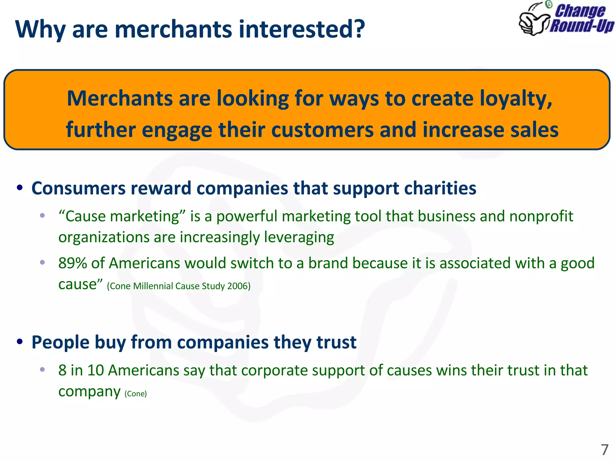 Why are merchants interested? Merchants are looking for ways to create loyalty,  further engage their customers and increase sales Consumers reward companies that support charities “ Cause marketing” is a powerful marketing tool that business and nonprofit organizations are increasingly leveraging 89% of Americans would switch to a brand because it is associated with a good cause ”  (Cone Millennial Cause Study 2006) People buy from companies they trust  8 in 10 Americans say that corporate support of causes wins their trust in that company  (Cone)  