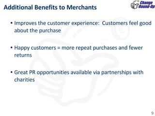 Improves the customer experience:  Customers feel good about the purchase Happy customers = more repeat purchases and fewer returns Great PR opportunities available via partnerships with charities Additional Benefits to Merchants 
