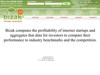 Bizak computes the profitability of internet startups and aggregates that data for investors to compare their performance to industry benchmarks and the competition. 