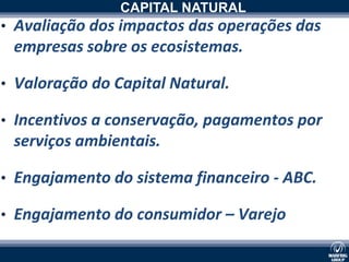 CAPITAL NATURAL
• Avaliação dos impactos das operações das
 empresas sobre os ecosistemas.

• Valoração do Capital Natural.

• Incentivos a conservação, pagamentos por
              xxxxxxxxxx
 serviços ambientais.

• Engajamento do sistema financeiro - ABC.

• Engajamento do consumidor – Varejo
 