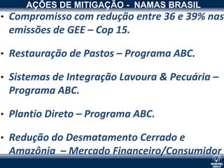 AÇÕES DE MITIGAÇÃO - NAMAS BRASIL
• Compromisso com redução entre 36 e 39% nas
 emissões de GEE – Cop 15.

• Restauração de Pastos – Programa ABC.

• Sistemas de Integração Lavoura & Pecuária –
              xxxxxxxxxx
 Programa ABC.

• Plantio Direto – Programa ABC.

• Redução do Desmatamento Cerrado e
 Amazônia – Mercado Financeiro/Consumidor
 