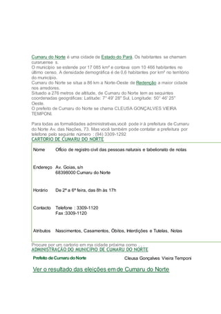 Cumaru do Norte é uma cidade de Estado do Pará. Os habitantes se chamam
curaruense s.
O município se estende por 17 085 km² e contava com 10 466 habitantes no
último censo. A densidade demográfica é de 0,6 habitantes por km² no território
do município.
Cumaru do Norte se situa a 86 km a Norte-Oeste de Redenção a maior cidade
nos arredores.
Situado a 276 metros de altitude, de Cumaru do Norte tem as seguintes
coordenadas geográficas: Latitude: 7° 49' 28'' Sul, Longitude: 50° 46' 25''
Oeste.
O prefeito de Cumaru do Norte se chama CLEUSA GONÇALVES VIEIRA
TEMPONI.
Para todas as formalidades administrativas,você pode ir à prefeitura de Cumaru
do Norte Av. das Nações, 73. Mas você também pode contatar a prefeitura por
telefone pelo seguinte número : (94) 3309-1292
CARTORIO DE CUMARU DO NORTE
Nome OfÍcio de registro civil das pessoas naturais e tabelionato de notas
Endereço Av. Goias, s/n
68398000 Cumaru do Norte
Horário De 2ª a 6ª feira, das 8h às 17h
Contacto Telefone : 3309-1120
Fax :3309-1120
Atributos Nascimentos, Casamentos, Óbitos, Interdições e Tutelas, Notas
Procure por um cartorio em ma cidade próxima como , , .
ADMINISTRAÇÃO DO MUNICÍPIO DE CUMARU DO NORTE
Prefeito deCumarudoNorte Cleusa Gonçalves Vieira Temponi
Ver o resultado das eleições em de Cumaru do Norte
 