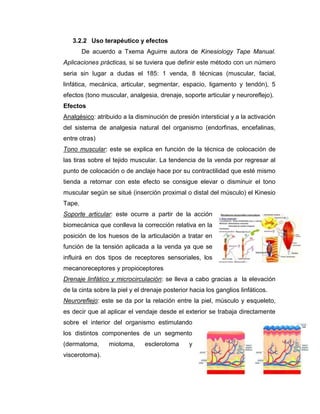 3.2.2 Uso terapéutico y efectos
De acuerdo a Txema Aguirre autora de Kinesiology Tape Manual.
Aplicaciones prácticas, si se tuviera que definir este método con un número
seria sin lugar a dudas el 185: 1 venda, 8 técnicas (muscular, facial,
linfática, mecánica, articular, segmentar, espacio, ligamento y tendón), 5
efectos (tono muscular, analgesia, drenaje, soporte articular y neuroreflejo).
Efectos
Analgésico: atribuido a la disminución de presión intersticial y a la activación
del sistema de analgesia natural del organismo (endorfinas, encefalinas,
entre otras)
Tono muscular: este se explica en función de la técnica de colocación de
las tiras sobre el tejido muscular. La tendencia de la venda por regresar al
punto de colocación o de anclaje hace por su contractilidad que esté mismo
tienda a retornar con este efecto se consigue elevar o disminuir el tono
muscular según se situé (inserción proximal o distal del músculo) el Kinesio
Tape.
Soporte articular: este ocurre a partir de la acción
biomecánica que conlleva la corrección relativa en la
posición de los huesos de la articulación a tratar en
función de la tensión aplicada a la venda ya que se
influirá en dos tipos de receptores sensoriales, los
mecanoreceptores y propioceptores
Drenaje linfático y microcirculación: se lleva a cabo gracias a la elevación
de la cinta sobre la piel y el drenaje posterior hacia los ganglios linfáticos.
Neuroreflejo: este se da por la relación entre la piel, músculo y esqueleto,
es decir que al aplicar el vendaje desde el exterior se trabaja directamente
sobre el interior del organismo estimulando
los distintos componentes de un segmento
(dermatoma,
viscerotoma).

miotoma,

esclerotoma

y

 