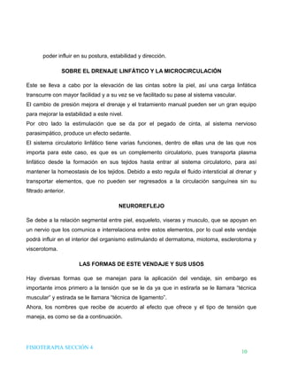 DHTIC

TALLER 02

Desarrollo de Habilidades en el uso de la Tecnología, la Información y la Comunicación

¿Sabes cómo evaluar la
información que usas?

poder influir en su postura, estabilidad y dirección.
SOBRE EL DRENAJE LINFÁTICO Y LA MICROCIRCULACIÓN
Este se lleva a cabo por la elevación de las cintas sobre la piel, así una carga linfática
transcurre con mayor facilidad y a su vez se ve facilitado su pase al sistema vascular.
El cambio de presión mejora el drenaje y el tratamiento manual pueden ser un gran equipo
para mejorar la estabilidad a este nivel.
Por otro lado la estimulación que se da por el pegado de cinta, al sistema nervioso
parasimpático, produce un efecto sedante.
El sistema circulatorio linfático tiene varias funciones, dentro de ellas una de las que nos
importa para este caso, es que es un complemento circulatorio, pues transporta plasma
linfático desde la formación en sus tejidos hasta entrar al sistema circulatorio, para así
mantener la homeostasis de los tejidos. Debido a esto regula el fluido intersticial al drenar y
transportar elementos, que no pueden ser regresados a la circulación sanguínea sin su
filtrado anterior.
NEUROREFLEJO
Se debe a la relación segmental entre piel, esqueleto, viseras y musculo, que se apoyan en
un nervio que los comunica e interrelaciona entre estos elementos, por lo cual este vendaje
podrá influir en el interior del organismo estimulando el dermatoma, miotoma, esclerotoma y
viscerotoma.
LAS FORMAS DE ESTE VENDAJE Y SUS USOS
Hay diversas formas que se manejan para la aplicación del vendaje, sin embargo es
importante irnos primero a la tensión que se le da ya que in estirarla se le llamara “técnica
muscular” y estirada se le llamara “técnica de ligamento”.
Ahora, los nombres que recibe de acuerdo al efecto que ofrece y el tipo de tensión que
maneja, es como se da a continuación.

FISIOTERAPIA SECCIÓN 4

10

 