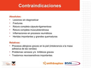 Contraindicaciones Absolutas: Lesiones sin diagnosticar Fracturas Rotura completa cápsulo-ligamentosa Rotura completa músculotendinosa Inflamaciones en procesos reumáticos Heridas importantes y grandes quemaduras Relativas: Procesos alérgicos graves en la piel (intolerancia a la masa   adhesiva de las vendas) Problemas venosos y/o  linfáticos graves Trastornos neurosensitivos importantes 