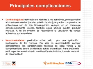 Principales complicaciones Dermatológicas:  derivadas del rechazo a los adhesivos, principalmente a los convencionales (caucho y óxido de zinc) ya que los compuestos de poliacrilatos son de tipo hipoalergénico. Aunque, en un porcentaje considerablemente inferior, también estos últimos pueden producir rechazo. A fin de evitarlo, se recomienda la utilización de sprays adhesivos y pre-vendajes Neurovasculares:  producido sobre todo  por una aplicación  inadecuada de las vendas. Por ello es recomendable conocer perfectamente las características técnicas de cada venda y su comportamiento sobre las distintas zonas anatómicas. Para prevenirlo  está especialmente indicado la utilización de distintos tipos de material  de almohadillado 