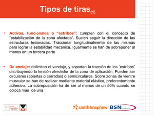 Tipos de tiras (1) De anclaje:  delimitan el vendaje, y soportan la tracción de los “estribos” distribuyendo la tensión alrededor de la zona de aplicación. Pueden ser circulares (abiertas o cerradas) o semicirculares. Sobre zonas de vientre muscular se han de realizar mediante material elástico, preferentemente adhesivo. La sobreposición ha de ser al menos de un 50% cuando se coloca más  de una Activas, funcionales o “estribos”:  cumplen con el concepto de “estabilización de la zona afectada”. Suelen seguir la dirección de las estructuras lesionadas. Traccionar longitudinalmente de las mismas para lograr la estabilidad mecánica. Igualmente se han de sobreponer al menos en un tercera parte 