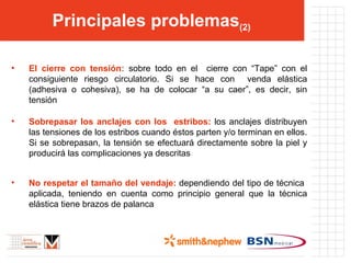 Principales problemas (2) El cierre con tensión:  sobre todo en el  cierre con “Tape” con el consiguiente riesgo circulatorio. Si se hace con  venda elástica (adhesiva o cohesiva), se ha de colocar “a su caer”, es decir, sin tensión Sobrepasar los anclajes con los  estribos:  los anclajes distribuyen las tensiones de los estribos cuando éstos parten y/o terminan en ellos. Si se sobrepasan, la tensión se efectuará directamente sobre la piel y producirá las complicaciones ya descritas No respetar el tamaño del vendaje:  dependiendo del tipo de técnica  aplicada, teniendo en cuenta como principio general que la técnica elástica tiene brazos de palanca 