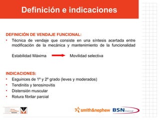 Definición e indicaciones DEFINICIÓN DE VENDAJE FUNCIONAL: Técnica de vendaje que consiste en una síntesis acertada entre modificación de la mecánica y mantenimiento de la funcionalidad Estabilidad Máxima  Movilidad selectiva INDICACIONES: Esguinces de 1º y 2º grado (leves y moderados) Tendinitis y tenosinovitis Distensión muscular Rotura fibrilar parcial 
