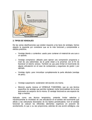 2. TIPOS DE VENDAJES
De las varias clasificaciones que existen respecto a los tipos de vendajes, hemos
elegido la siguiente por considerar que es la más funcional y comprensible a
efectos prácticos.
 Vendaje blando o contentivo: usado para contener el material de una cura o
un apósito.
 Vendaje compresivo: utilizado para ejercer una compresión progresiva a
nivel de una extremidad, de la parte distal a la proximal, con el fin de
favorecer el retorno venoso. También se usa para limitar el movimiento de
alguna articulación en el caso de contusiones y esguinces de grado I, por
ejemplo.
 Vendaje rígido: para inmovilizar completamente la parte afectada (vendaje
de yeso).
 Vendaje suspensorio: sostenedor del escroto o la mama.
 Mención aparte merece el VENDAJE FUNCIONAL que es una técnica
específica de vendaje que permite mantener cierta funcionalidad de la zona
lesionada sin perjuicio de la misma. El vendaje funcional es una especie de
traje a medida.
Aplicado como una técnica terapéutica, pretende limitar selectiva y
mecánicamente la movilidad de una articulación en el sentido del movimiento que
afecta a las estructuras lesionadas de los tejidos periarticulares. Con el vendaje
funcional se colocan los diferentes elementos orgánicos en posición de
acortamiento, lo que a su vez proporciona, además de una acción antiálgica, una
 