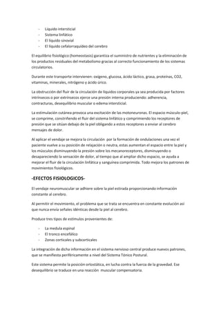 - Líquido intersticial
- Sistema linfático
- El líquido sinovial
- El líquido cefalorraquídeo del cerebro
El equilibrio fisiológico (homeostasis) garantiza el suministro de nutrientes y la eliminación de
los productos residuales del metabolismo gracias al correcto funcionamiento de los sistemas
circulatorios.
Durante este transporte intervienen: oxígeno, glucosa, ácido láctico, grasa, proteínas, CO2,
vitaminas, minerales, nitrógeno y ácido úrico.
La obstrucción del fluir de la circulación de líquidos corporales ya sea producida por factores
intrínsecos o por extrínsecos ejerce una presión interna produciendo: adherencia,
contracturas, desequilibrio muscular o edema intersticial.
La estimulación cutánea provoca una excitación de las motoneuronas. El espacio músculo-piel,
se comprime, constriñendo el fluir del sistema linfático y comprimiendo los receptores de
presión que se sitúan debajo de la piel obligando a estos receptores a enviar al cerebro
mensajes de dolor.
Al aplicar el vendaje se mejora la circulación por la formación de ondulaciones una vez el
paciente vuelve a su posición de relajación o neutra, estas aumentan el espacio entre la piel y
los músculos disminuyendo la presión sobre los mecanoreceptores, disminuyendo o
desapareciendo la sensación de dolor, al tiempo que al ampliar dicho espacio, se ayuda a
mejorar el fluir de la circulación linfática y sanguínea comprimida. Todo mejora los patrones de
movimientos fisiológicos.
-EFECTOS FISIOLOGICOS-
El vendaje neuromuscular se adhiere sobre la piel estirada proporcionando información
constante al cerebro.
Al permitir el movimiento, el problema que se trata se encuentra en constante evolución así
que nunca envía señales idénticas desde la piel al cerebro.
Produce tres tipos de estímulos provenientes de:
- La medula espinal
- El tronco encefálico
- Zonas corticales y subcorticales
La integración de dicha información en el sistema nervioso central produce nuevos patrones,
que se manifiesta periféricamente a nivel del Sistema Tónico Postural.
Este sistema permite la posición ortostática, en lucha contra la fuerza de la gravedad. Ese
desequilibrio se traduce en una reacción muscular compensatoria.
 