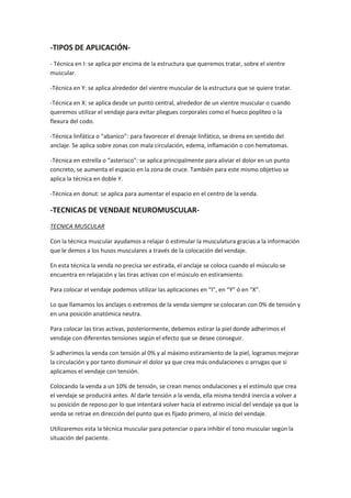 -TIPOS DE APLICACIÓN-
- Técnica en I: se aplica por encima de la estructura que queremos tratar, sobre el vientre
muscular.
-Técnica en Y: se aplica alrededor del vientre muscular de la estructura que se quiere tratar.
-Técnica en X: se aplica desde un punto central, alrededor de un vientre muscular o cuando
queremos utilizar el vendaje para evitar pliegues corporales como el hueco poplíteo o la
flexura del codo.
-Técnica linfática o “abanico”: para favorecer el drenaje linfático, se drena en sentido del
anclaje. Se aplica sobre zonas con mala circulación, edema, inflamación o con hematomas.
-Técnica en estrella o “asterisco”: se aplica principalmente para aliviar el dolor en un punto
concreto, se aumenta el espacio en la zona de cruce. También para este mismo objetivo se
aplica la técnica en doble Y.
-Técnica en donut: se aplica para aumentar el espacio en el centro de la venda.
-TECNICAS DE VENDAJE NEUROMUSCULAR-
TECNICA MUSCULAR
Con la técnica muscular ayudamos a relajar ó estimular la musculatura gracias a la información
que le demos a los husos musculares a través de la colocación del vendaje.
En esta técnica la venda no precisa ser estirada, el anclaje se coloca cuando el músculo se
encuentra en relajación y las tiras activas con el músculo en estiramiento.
Para colocar el vendaje podemos utilizar las aplicaciones en “I”, en “Y” ó en “X”.
Lo que llamamos los anclajes o extremos de la venda siempre se colocaran con 0% de tensión y
en una posición anatómica neutra.
Para colocar las tiras activas, posteriormente, debemos estirar la piel donde adherimos el
vendaje con diferentes tensiones según el efecto que se desee conseguir.
Si adherimos la venda con tensión al 0% y al máximo estiramiento de la piel, logramos mejorar
la circulación y por tanto disminuir el dolor ya que crea más ondulaciones o arrugas que si
aplicamos el vendaje con tensión.
Colocando la venda a un 10% de tensión, se crean menos ondulaciones y el estímulo que crea
el vendaje se producirá antes. Al darle tensión a la venda, ella misma tendrá inercia a volver a
su posición de reposo por lo que intentará volver hacia el extremo inicial del vendaje ya que la
venda se retrae en dirección del punto que es fijado primero, al inicio del vendaje.
Utilizaremos esta la técnica muscular para potenciar o para inhibir el tono muscular según la
situación del paciente.
 