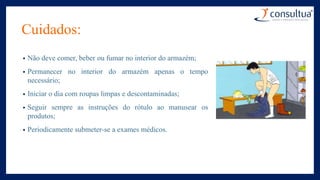 Cuidados:
• Não deve comer, beber ou fumar no interior do armazém;
• Permanecer no interior do armazém apenas o tempo
necessário;
• Iniciar o dia com roupas limpas e descontaminadas;
• Seguir sempre as instruções do rótulo ao manusear os
produtos;
• Periodicamente submeter-se a exames médicos.
 