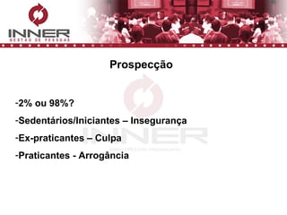 Prospecção 2% ou 98%? Sedentários/Iniciantes – Insegurança Ex-praticantes – Culpa Praticantes - Arrogância 