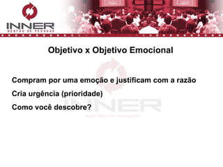 Objetivo x Objetivo Emocional Compram por uma emoção e justificam com a razão Cria urgência (prioridade) Como você descobre? 