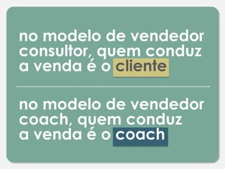 no modelo de vendedor
consultor, quem conduz
a venda é o cliente
no modelo de vendedor
coach, quem conduz
a venda é o coach
 