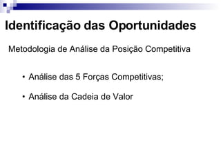 Identificação das Oportunidades Análise das 5 Forças Competitivas; Análise da Cadeia de Valor Metodologia de Análise da Posição Competitiva 