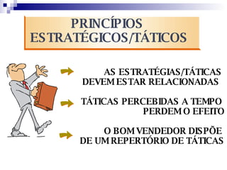 PRINCÍPIOS  ESTRATÉGICOS/TÁTICOS AS ESTRATÉGIAS/TÁTICAS  DEVEM ESTAR RELACIONADAS  TÁTICAS PERCEBIDAS A TEMPO  PERDEM O EFEITO O BOM VENDEDOR DISPÕE  DE UM REPERTÓRIO DE TÁTICAS 