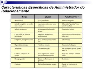 Características Específicas de Administrador do Relacionamento 