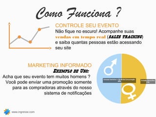 Como Funciona ?
                          CONTROLE SEU EVENTO
                          Não fique no escuro! Acompanhe suas
                          vendas em tempo real (sales tracking)
                          e saiba quantas pessoas estão acessando
                          seu site


               MARKETING INFORMADO
                        Exemplo de Uso:
Acha que seu evento tem muitos homens ?
 Você pode enviar uma promoção somente
    para as compradoras através do nosso
                   sistema de notificações


    www.ingresse.com
 