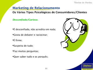 11
Técnica de VendasTécnica de Vendas
Desconfiado/Curioso.
É desconfiado, não acredita em nada;
Gosta de debater e raciocinar;
É firme;
Suspeita de tudo;
Faz muitas perguntas;
Quer saber tudo e os porquês;
Marketing de Relacionamento
Os Vários Tipos Psicológicos de Consumidores/Clientes
 
