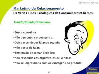 15
Técnica de VendasTécnica de Vendas
Tímido/Calado/Silencioso.
Busca conselhos;
Não demonstra o que pensa;
Deixa o vendedor falando sozinho;
Não gosta de falar;
Tem medo de tomar decisões;
Não responde aos argumentos de vendas;
Não se impressiona com as vantagens do produto;
Marketing de Relacionamento
Os Vários Tipos Psicológicos de Consumidores/Clientes
 