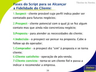 39
Técnica de VendasTécnica de Vendas
1.Suspect - cliente provável cujo perfil indica poder ser
contatado para futuros negócios;
2.Prospect - cliente potencial com o qual já se fez algum
contato mas que ainda não concretizou negócio;
3.Proposta - para atender as necessidades do cliente;
4.Indecisão - o prospect vai pensar na proposta. Cabe o
follow up do operador;
5.Comprador - o prospect diz “sim” à proposta e se torna
cliente;
6.Cliente satisfeito - operação de pós-venda;
7.Cliente convicto - torna-se um cliente fiel e passa a
indicar e recomendar a empresa.
Fases do Script para se Alcançar
a Fidelidade do Cliente:
 