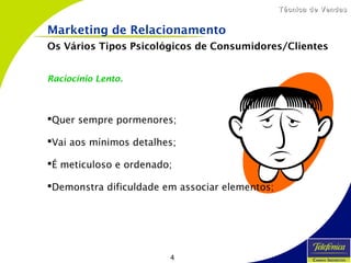 4
Técnica de VendasTécnica de Vendas
Os Vários Tipos Psicológicos de Consumidores/Clientes
Raciocínio Lento.
Quer sempre pormenores;
Vai aos mínimos detalhes;
É meticuloso e ordenado;
Demonstra dificuldade em associar elementos;
Marketing de Relacionamento
 