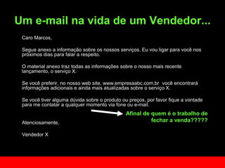 Um e-mail na vida de um Vendedor...	Caro Marcos,	Segue anexo a informaçãosobreosnossosserviços. Euvouligarparavocênospróximosdiasparafalar a respeito. 	O material anexotraztodas as informaçõessobre o nossomaisrecentelançamento, o serviço X.	Se vocêpreferir, no nosso web site, www.empresaabc.com.br  vocêencontraráinformaçõesadicionais e aindamaisatualizadassobre o serviço X. 	Se vocêtiveralgumadúvidasobre o produtooupreços, por favor fique a vontadepara me contatar a qualquermomento via foneou e-mail. Atenciosamente, 	Vendedor XAfinal de quem é o trabalho de fechar a venda?????