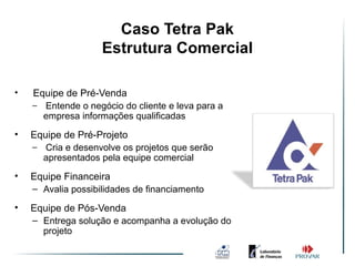 Caso Tetra Pak
                    Estrutura Comercial

•   Equipe de Pré-Venda
    – Entende o negócio do cliente e leva para a
      empresa informações qualificadas
•   Equipe de Pré-Projeto
    – Cria e desenvolve os projetos que serão
      apresentados pela equipe comercial
•   Equipe Financeira
    – Avalia possibilidades de financiamento

•   Equipe de Pós-Venda
    – Entrega solução e acompanha a evolução do
      projeto
 