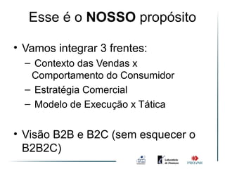 Esse é o NOSSO propósito

• Vamos integrar 3 frentes:
  – Contexto das Vendas x
   Comportamento do Consumidor
  – Estratégia Comercial
  – Modelo de Execução x Tática


• Visão B2B e B2C (sem esquecer o
  B2B2C)
 